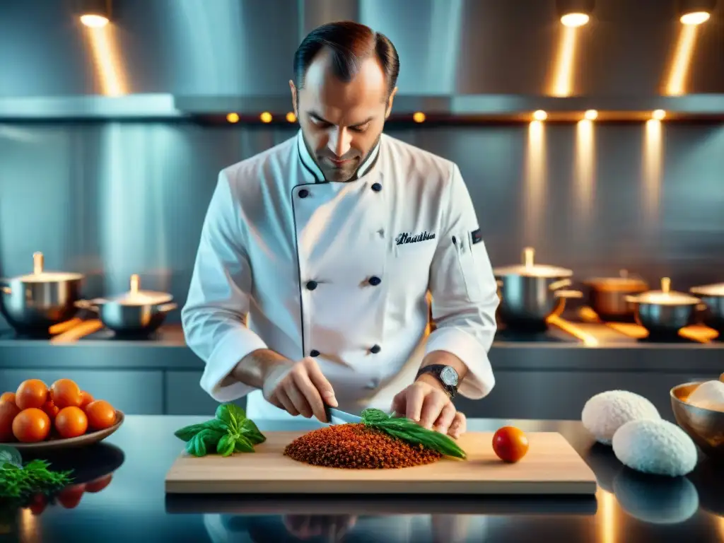 Un chef estrella Michelin crea con maestría en una cocina moderna