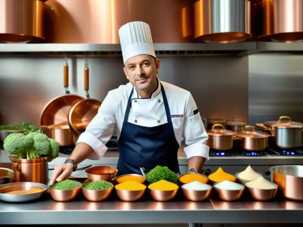 Un chef de estrella Michelin en una cocina francesa tradicional, creando platos innovadores