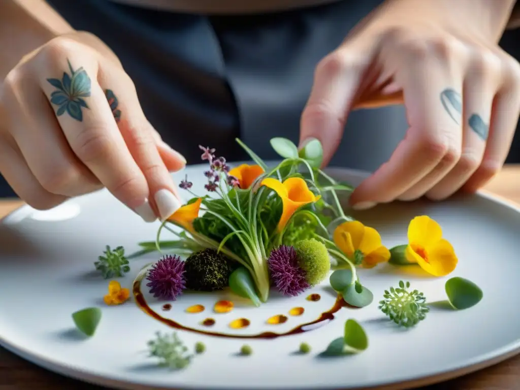 Un chef con estrella Michelin arregla con precisión flores comestibles en un plato gourmet