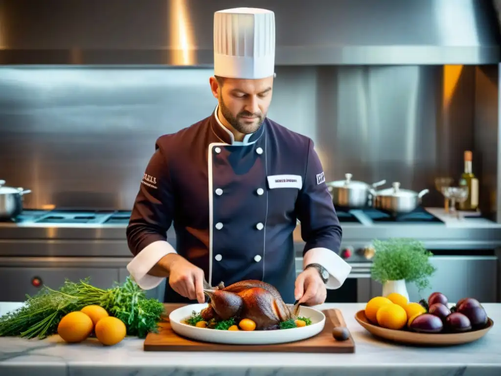 Chef francés con estrella Michelin preparando Coq au Vin, destacando técnicas culinarias platos franceses