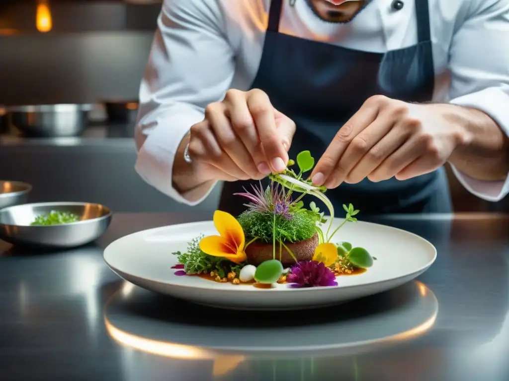 Un chef con estrella Michelin preparando una exquisita creación en un elegante restaurante de Borgoña y Ródano-Alpes