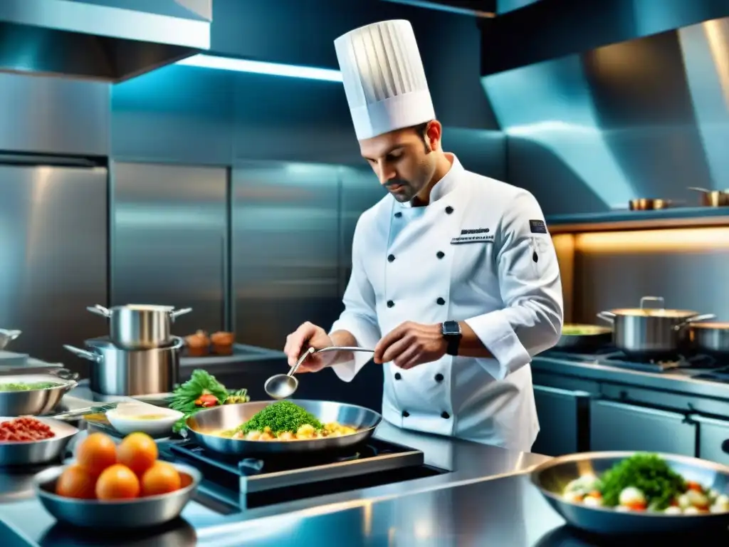 Un chef con estrella Michelin en París, preparando un exquisito plato con maestría en una cocina sofisticada