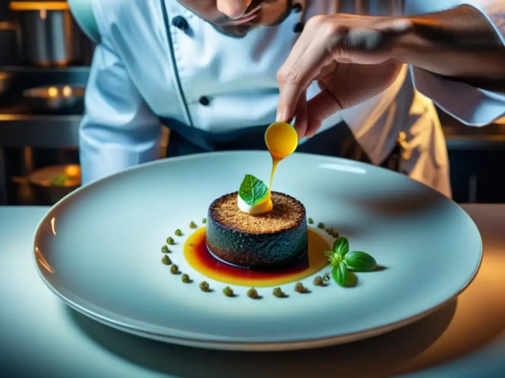 Un chef con estrella Michelin preparando un exquisito plato en un restaurante encantador de Burdeos