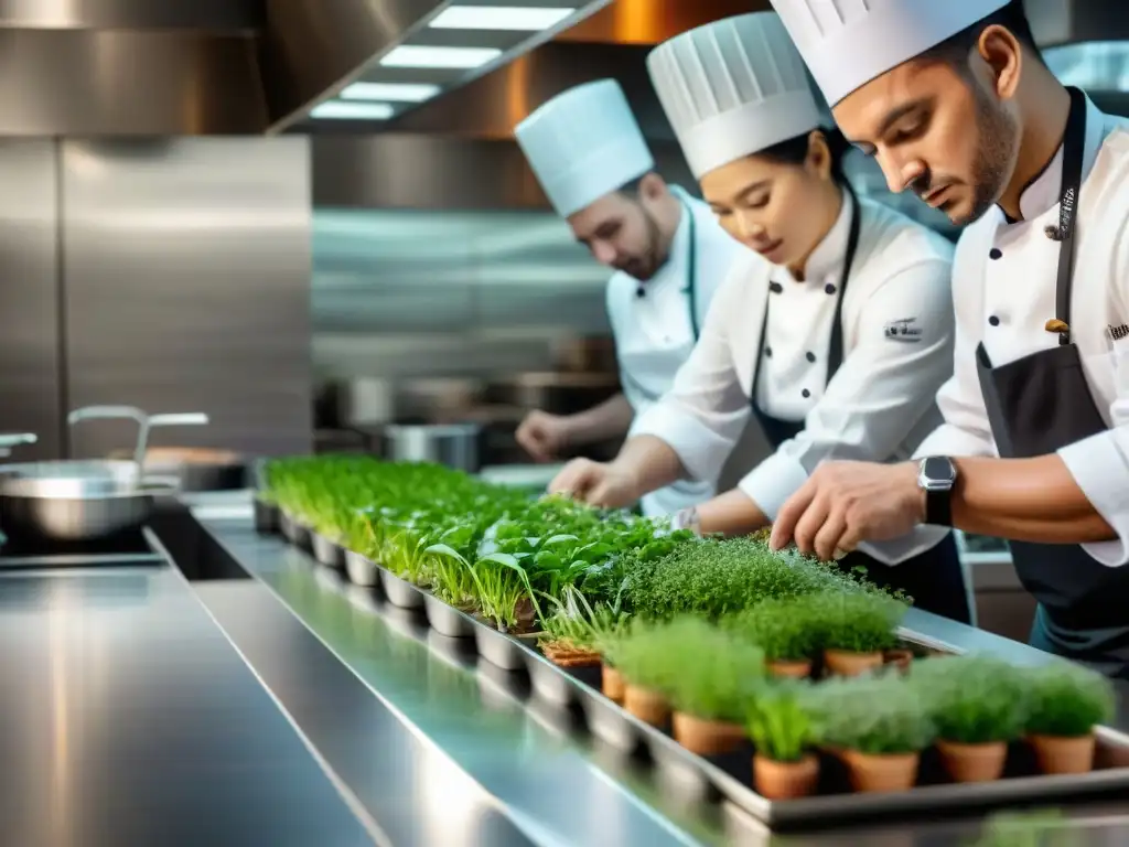 Un chef con estrella Michelin prepara un exquisito plato en una cocina de alta gama