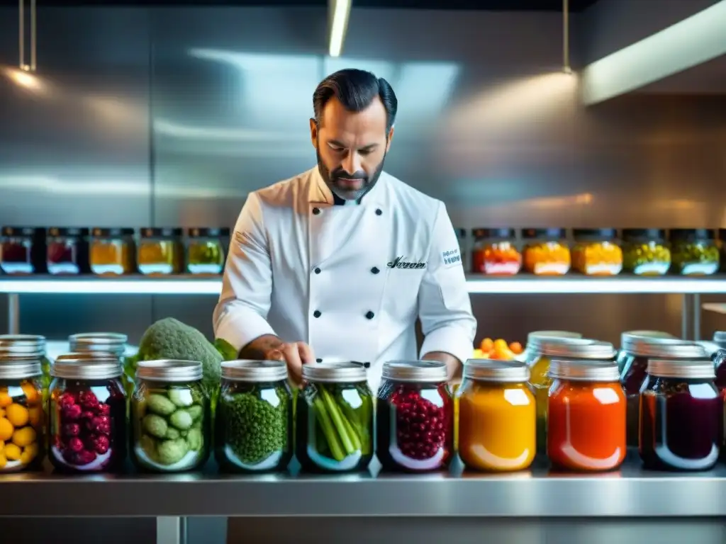 Chef francés con estrella Michelin inspeccionando fermentación en frutas y verduras, fusionando tradición e innovación culinaria