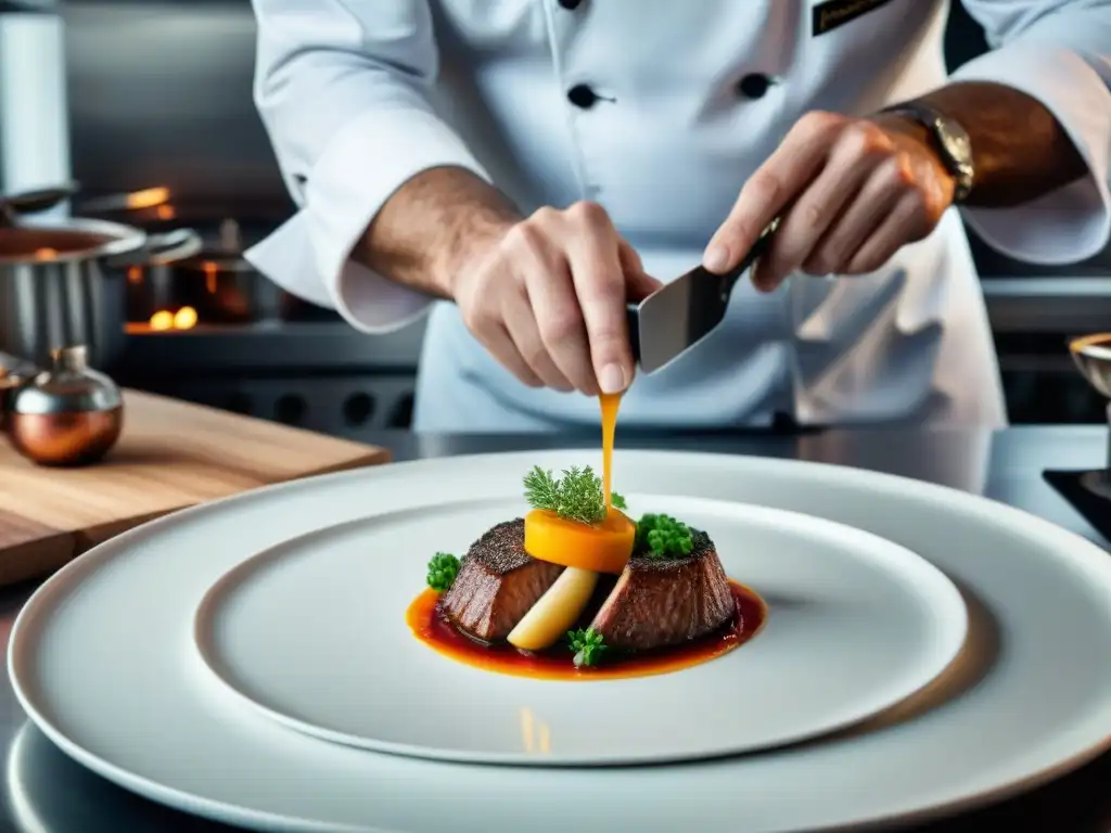 Un chef francés de estrella Michelin plasmando innovación en la gastronomía francesa en un plato blanco