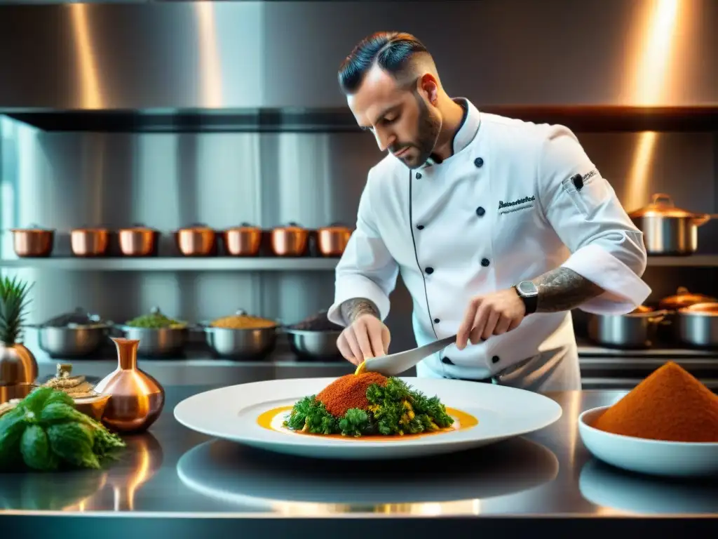 Chef francés con estrella Michelin creando innovaciones culinarias en una cocina moderna