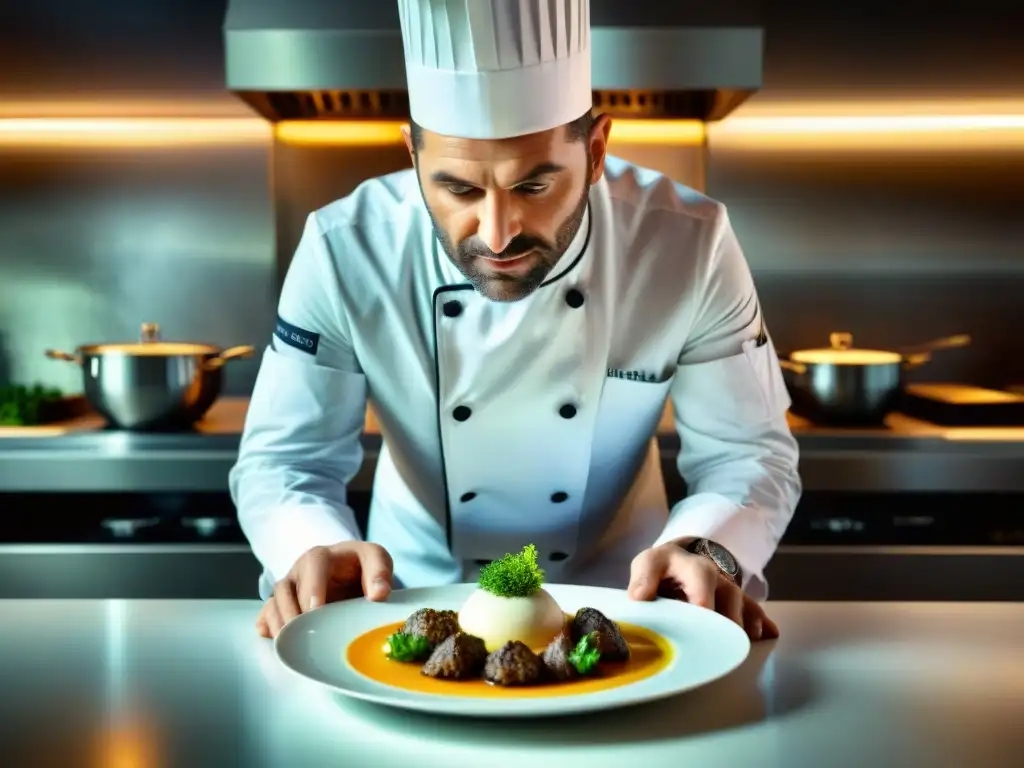 Chef estrella Michelin creando obra maestra culinaria Un chef estrella Michelin crea una interpretación moderna de un plato clásico francés en una cocina contemporánea