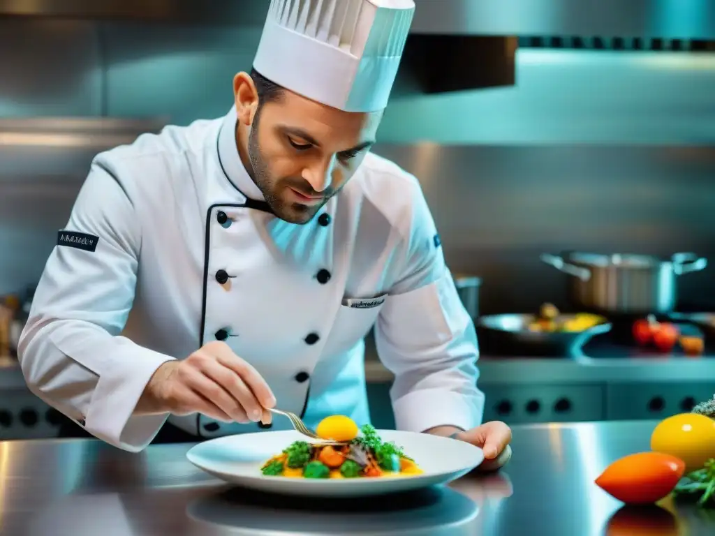 Un chef estrella Michelin francés crea una obra culinaria en una cocina moderna