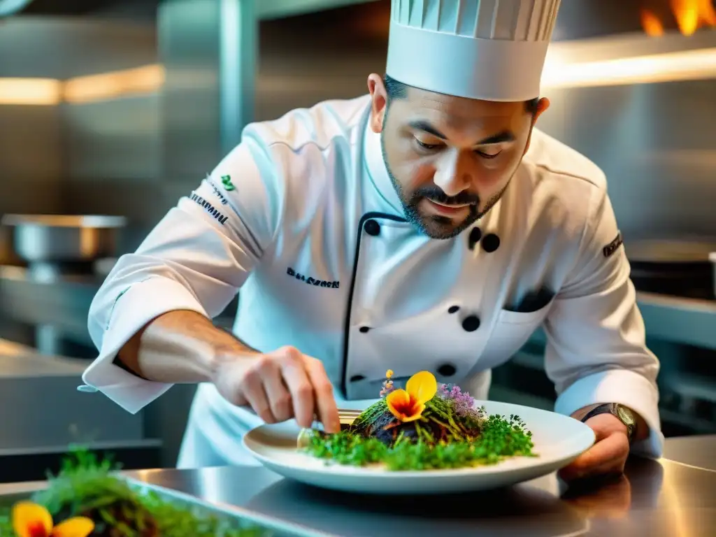 Chef estrella Michelin en Francia creando una obra de arte culinaria en cocina bulliciosa llena de ingredientes frescos