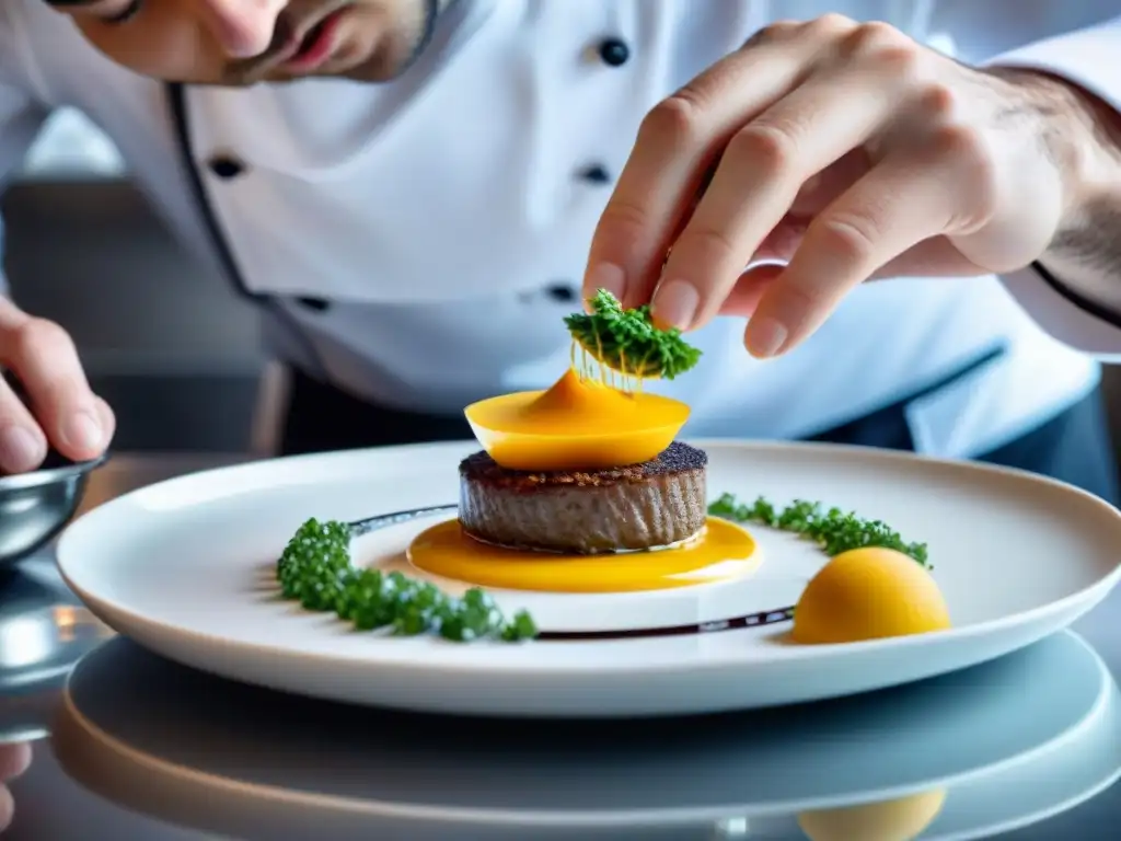 Un chef francés estrella Michelin crea una obra de arte culinaria en la cocina de un restaurante de alta gama