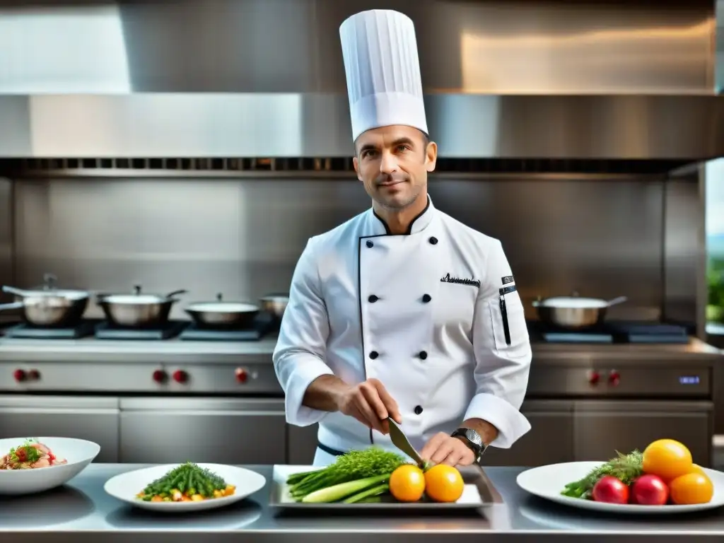 Chef francés estrella Michelin preparando plato en cocina moderna