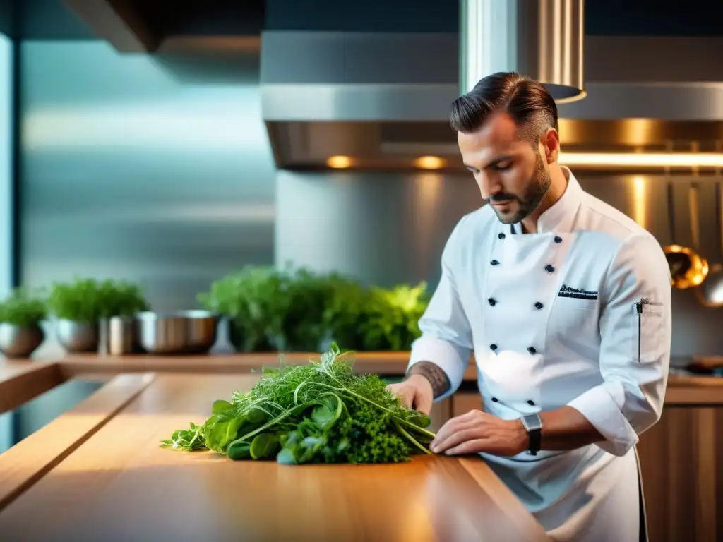 Chef francés estrella Michelin preparando plato en cocina sostenible