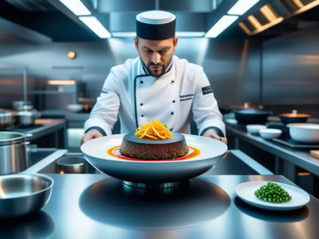 Un chef francés estrella Michelin creando un plato innovador en cocina futurista