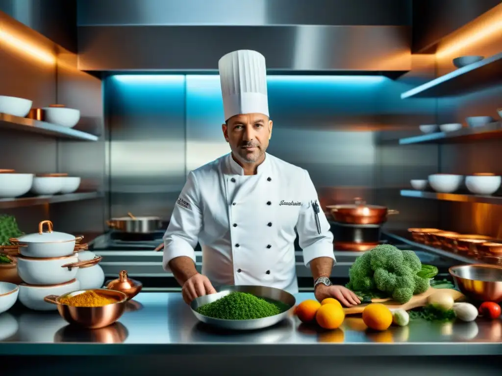 Chef francés estrella Michelin creando plato sofisticado