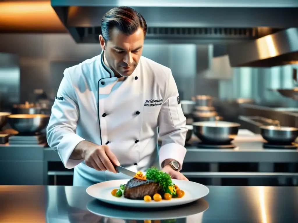 Chef estrella Michelin creando arte culinario en cocina de alta gama Un chef estrella Michelin crea plato sofisticado con precisión en cocina de alta gama