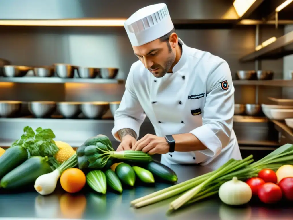 Chef francés estrella Michelin creando plato en escuela culinaria de Francia