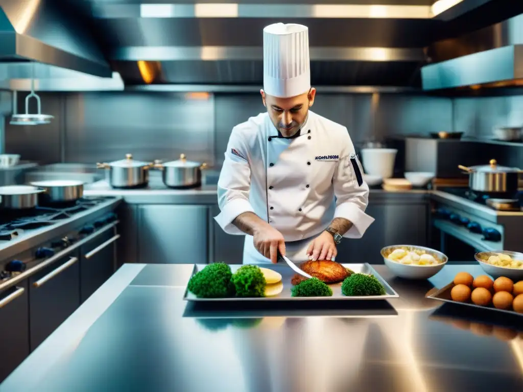 Chef estrella Michelin preparando plato en cocina francesa de alta categoría