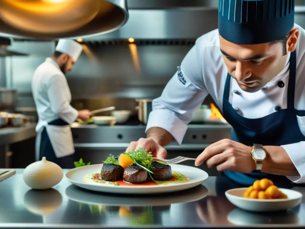 Un chef con estrella Michelin preparando un plato cultural y visualmente impresionante en una cocina francesa