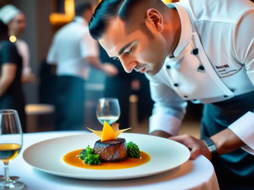 Chef con estrella Michelin planteando un plato sofisticado en festival gastronómico en Francia