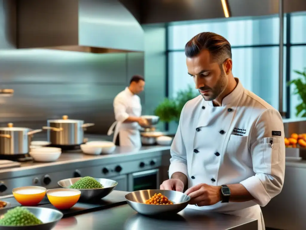 Un chef francés de estrella Michelin elaborando un plato innovador en una cocina de vanguardia, reflejando la excelencia gastronómica