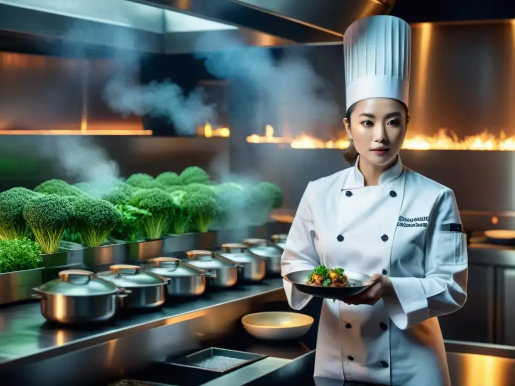 Chef estrella Michelin de Francia plato elegante con precisión en su restaurante, reflejando creatividad y pasión