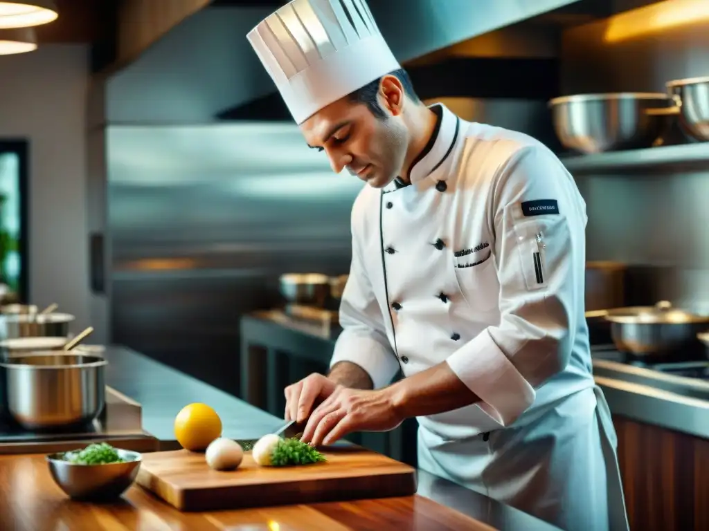 Un chef estrella Michelin preparando con precisión en una cocina francesa, rodeado de ingredientes frescos y utensilios relucientes