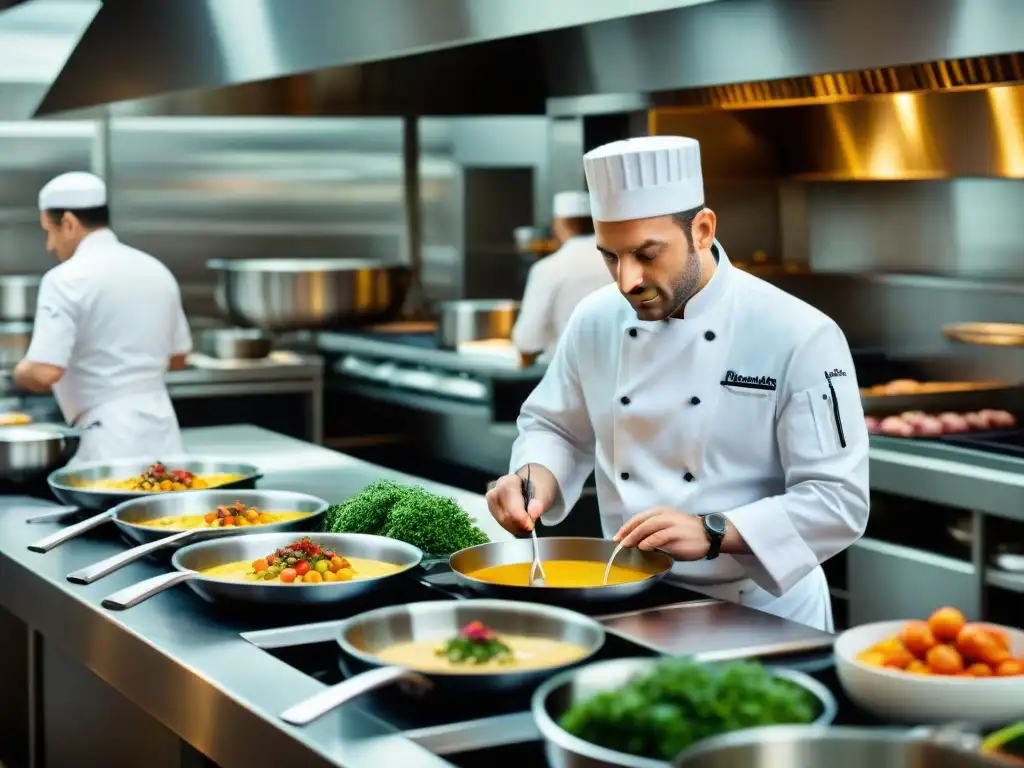 Chef francés creando arte culinario en cocina estrellada Un chef francés de estrella Michelin crea con precisión un plato en cocina de alta gama, reflejando la evolución gastronómica