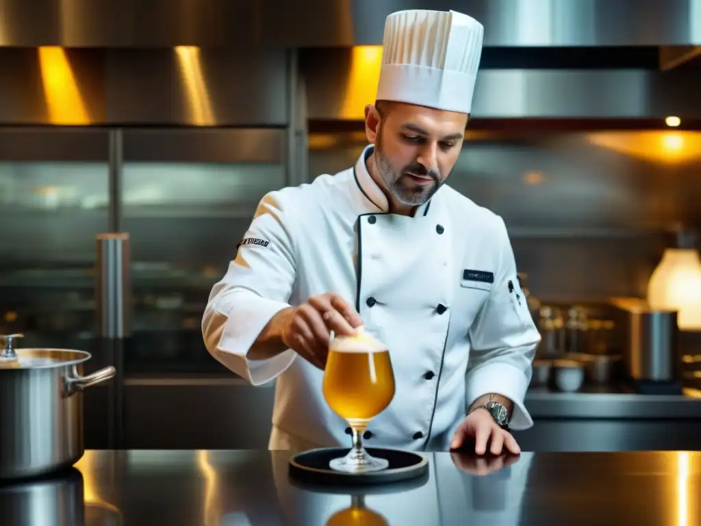 Un chef con estrella Michelin vierte sidra francesa en cristal, en una cocina elegante