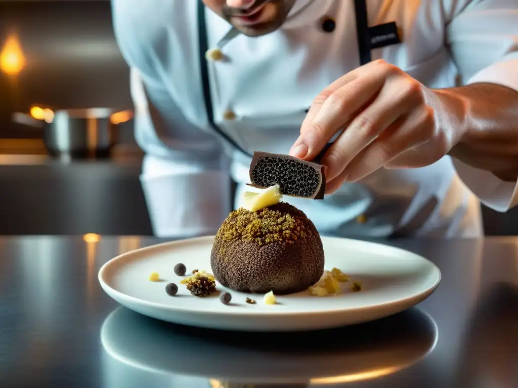 Un chef con estrella Michelin pela una trufa negra sobre un exquisito plato en un elegante restaurante