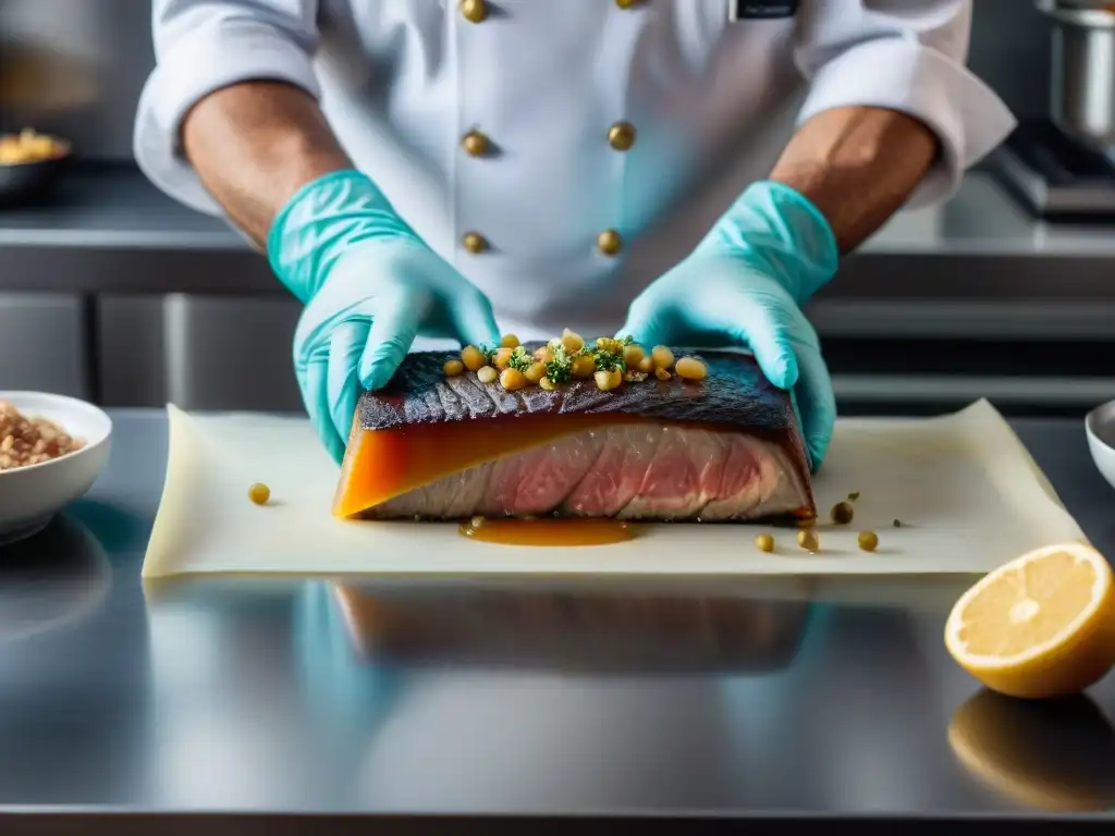 Chef francés estrella Michelin sellando al vacío terrina de foie gras, mostrando técnicas al vacío gastronomía francesa