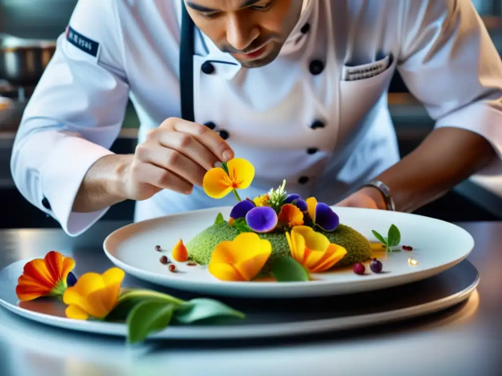 Chef estrellado arregla flores comestibles en plato, destacando significado cultural en menús de restaurantes estrella