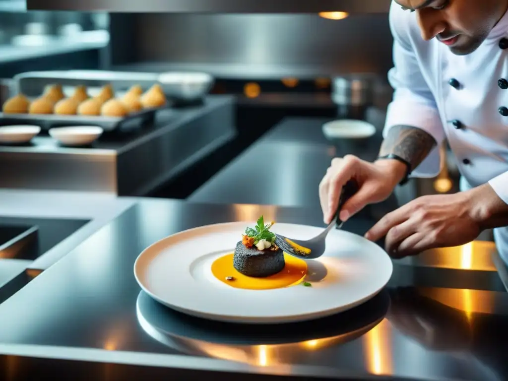 Un chef estrellado Michelin crea un plato excepcional en L'Atelier de Joël Robuchon en París, mostrando la excelencia de la alta cocina francesa