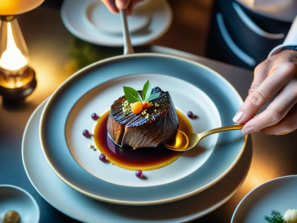 Un chef francés con estrellas Michelin decora un Coq au Vin con láminas de oro en cocina de alta gama