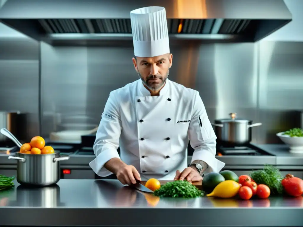 Un chef francés con estrellas Michelin creando un plato delicado en cocina moderna con software gastronómico