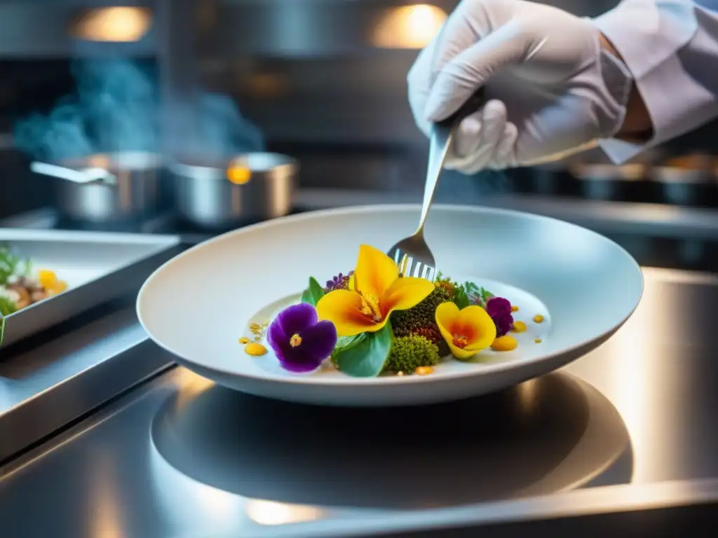 Un chef con Estrellas Michelin en un restaurante francés, colocando flores comestibles con precisión en un exquisito plato