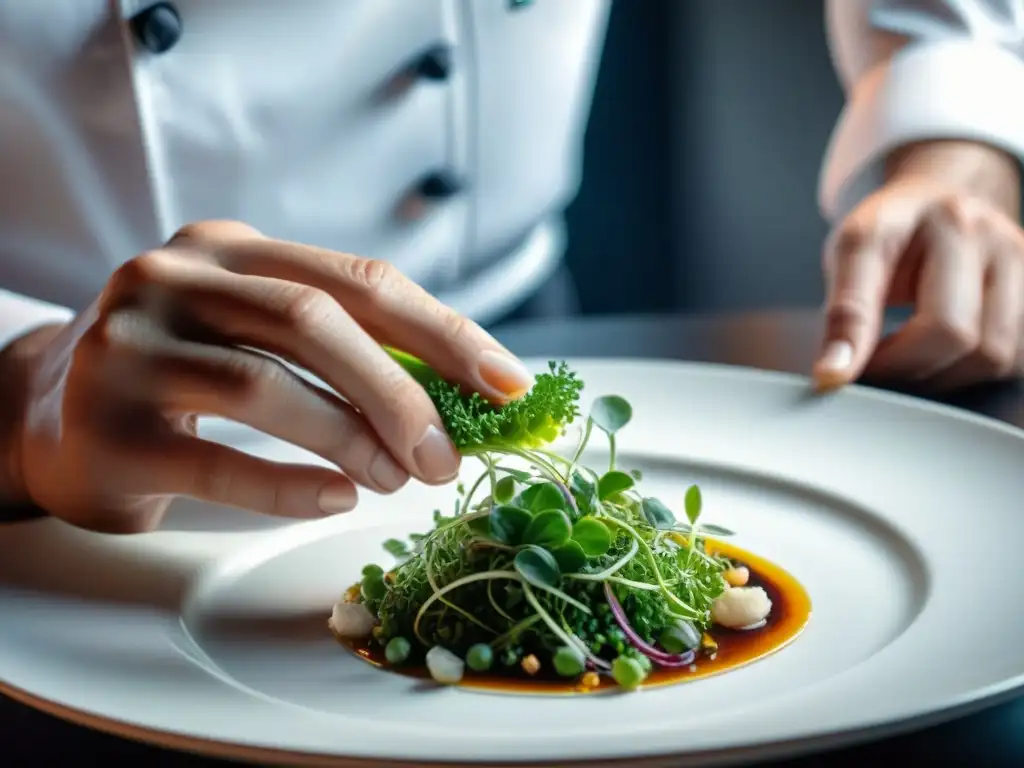 Chef de estrellas Michelin en restaurante de Francia plating exquisito plato con microgreens en cocina de alta gama