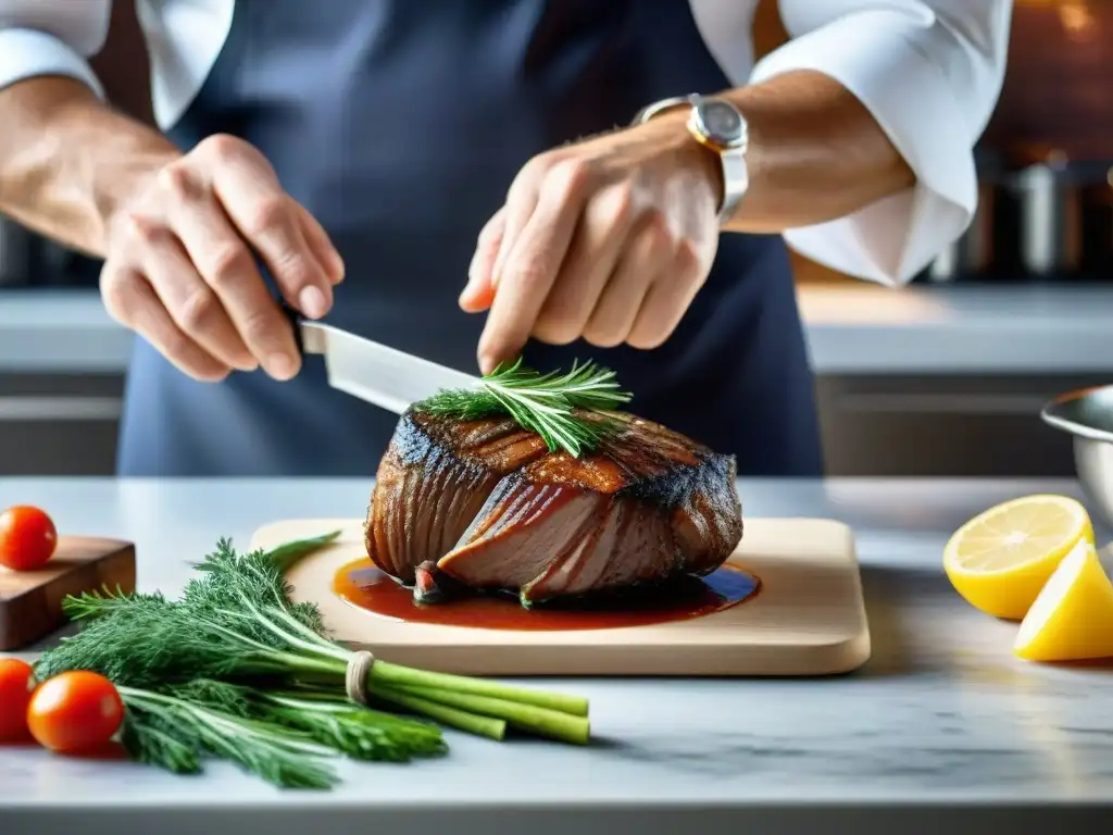 Un chef experimentado cortando eneldo fresco para decorar un Coq au Vin en una animada cocina francesa