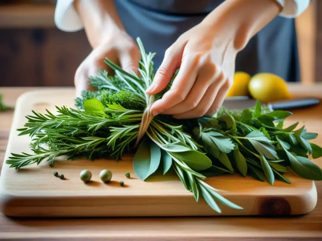 Un chef experimentado y meticuloso ata un bouquet garni con hierbas frescas para una receta Coq au Vin tradicional