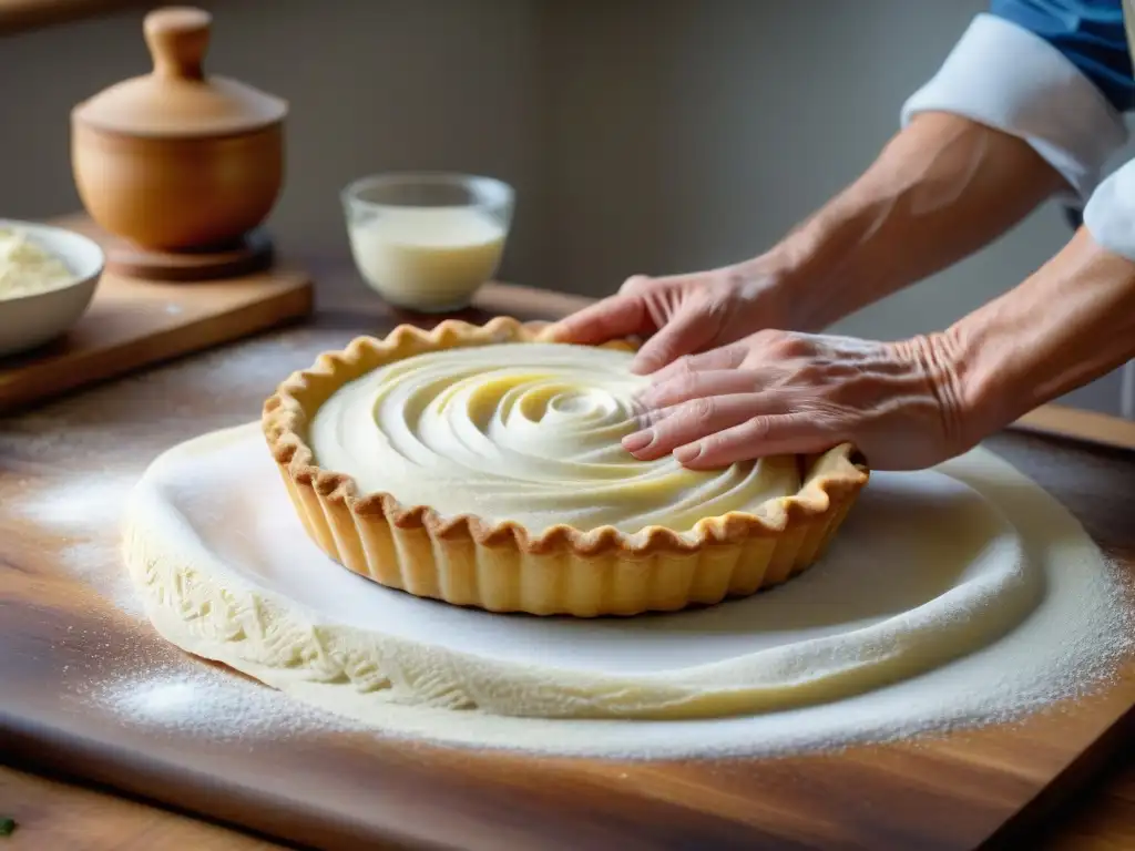 Un chef experimentado crea con precisión una masa para Tarta de cebolla alsaciana receta en una cocina rústica