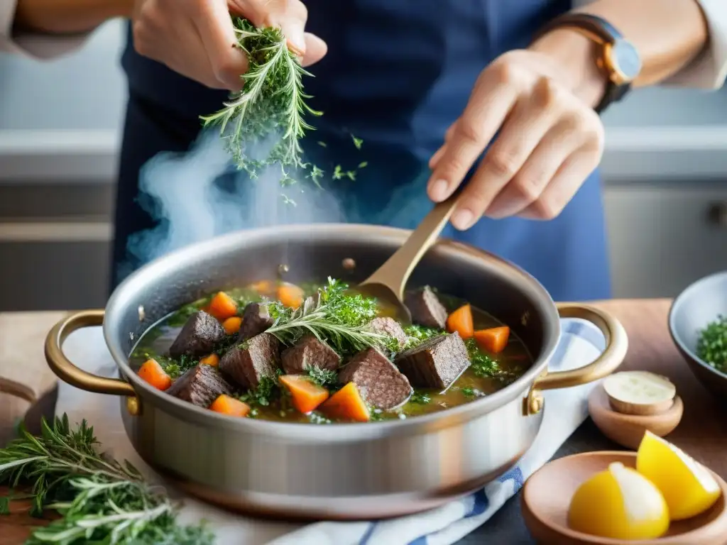 Un chef experimentado esparciendo tomillo francés en recetas tradicionales con amor y destreza