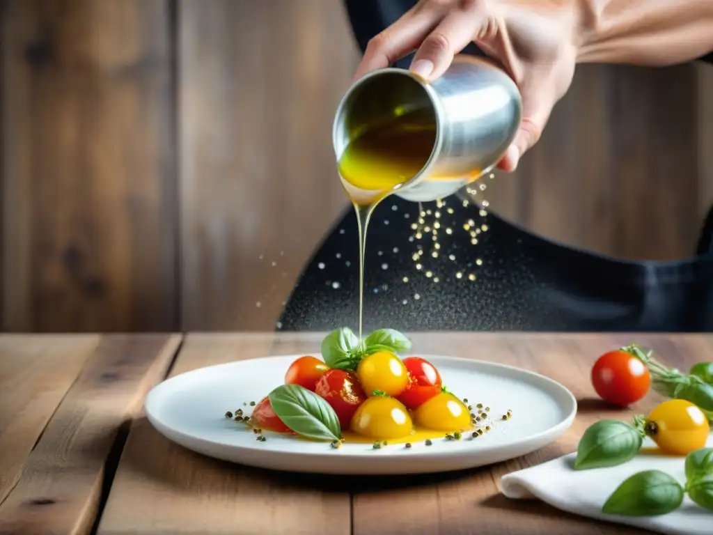 Un chef experto rocía aceite de oliva Provenza sobre un platillo gourmet, creando magia culinaria