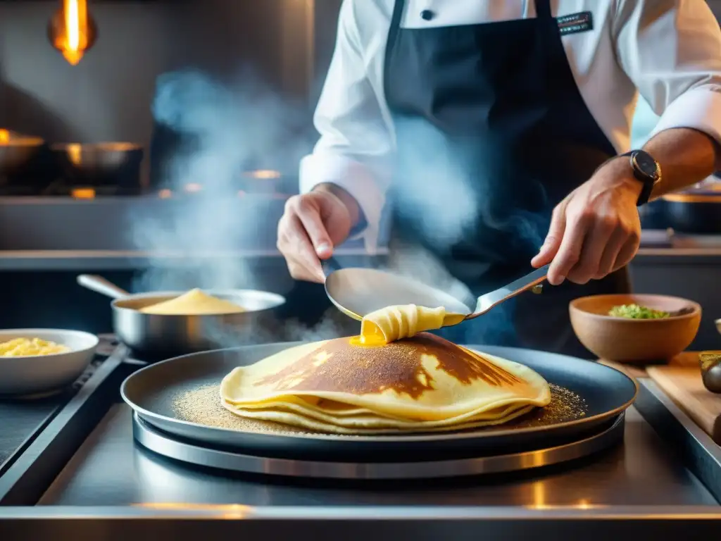 Un chef experto realiza una acrobacia culinaria al girar un crepe dorado en una sartén, destacando las técnicas para hacer crepes perfectas