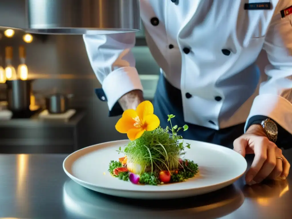 Un chef experto en alta cocina francesa crea una obra culinaria innovadora con nouvelle cuisine en un elegante restaurante