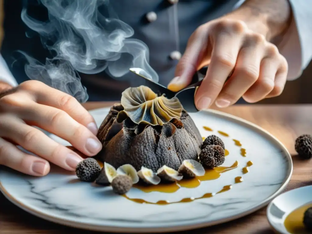 Chef experto añadiendo láminas de trufa negra Provenza a un plato exquisito, resaltando su elegancia y aroma