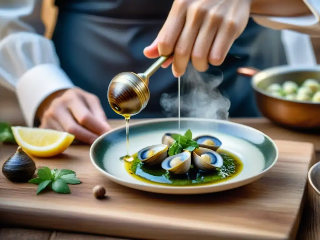 Chef francés experto añadiendo vinagre fermentado a escargots en cocina tradicional