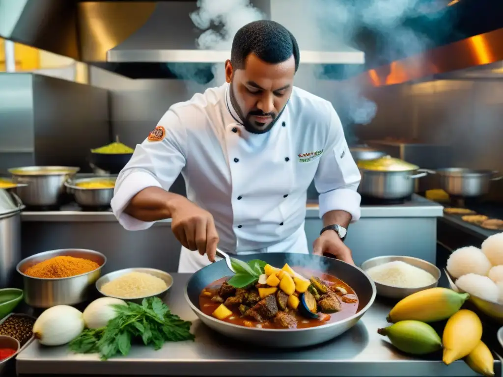 Un chef experto en una animada cocina caribeña, fusionando la gastronomía francesa con ingredientes vibrantes