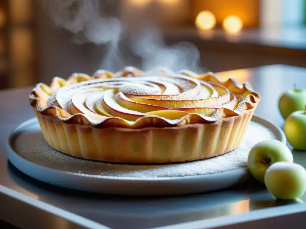 Un chef experto espolvorea azúcar glas sobre una tarta de manzana normanda en una cocina encantadora