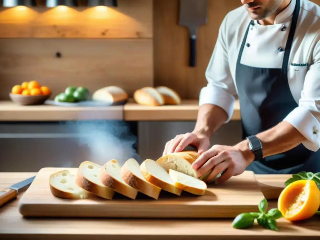 Un chef experto cortando baguettes frescos en una cocina francesa con tablas de cortar, destreza y precisión