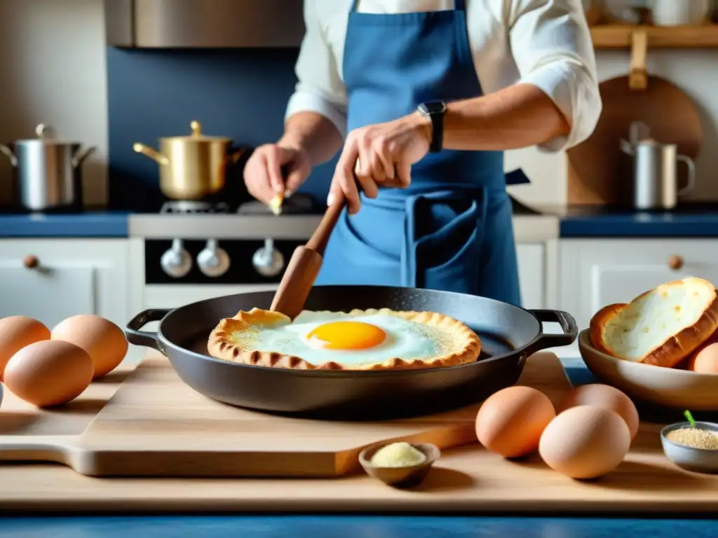 Un chef experto prepara una Galette Bretona en una cocina francesa tradicional, mostrando la influencia culinaria de esta historia gastronómica